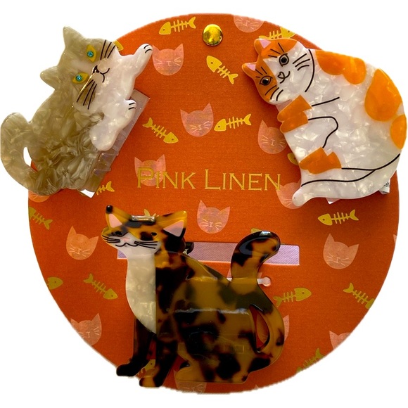 Pink Linen Other - 3 THREE Adorable kitty cat shaped claw clip Rhinestone eyes 2 sided cat design